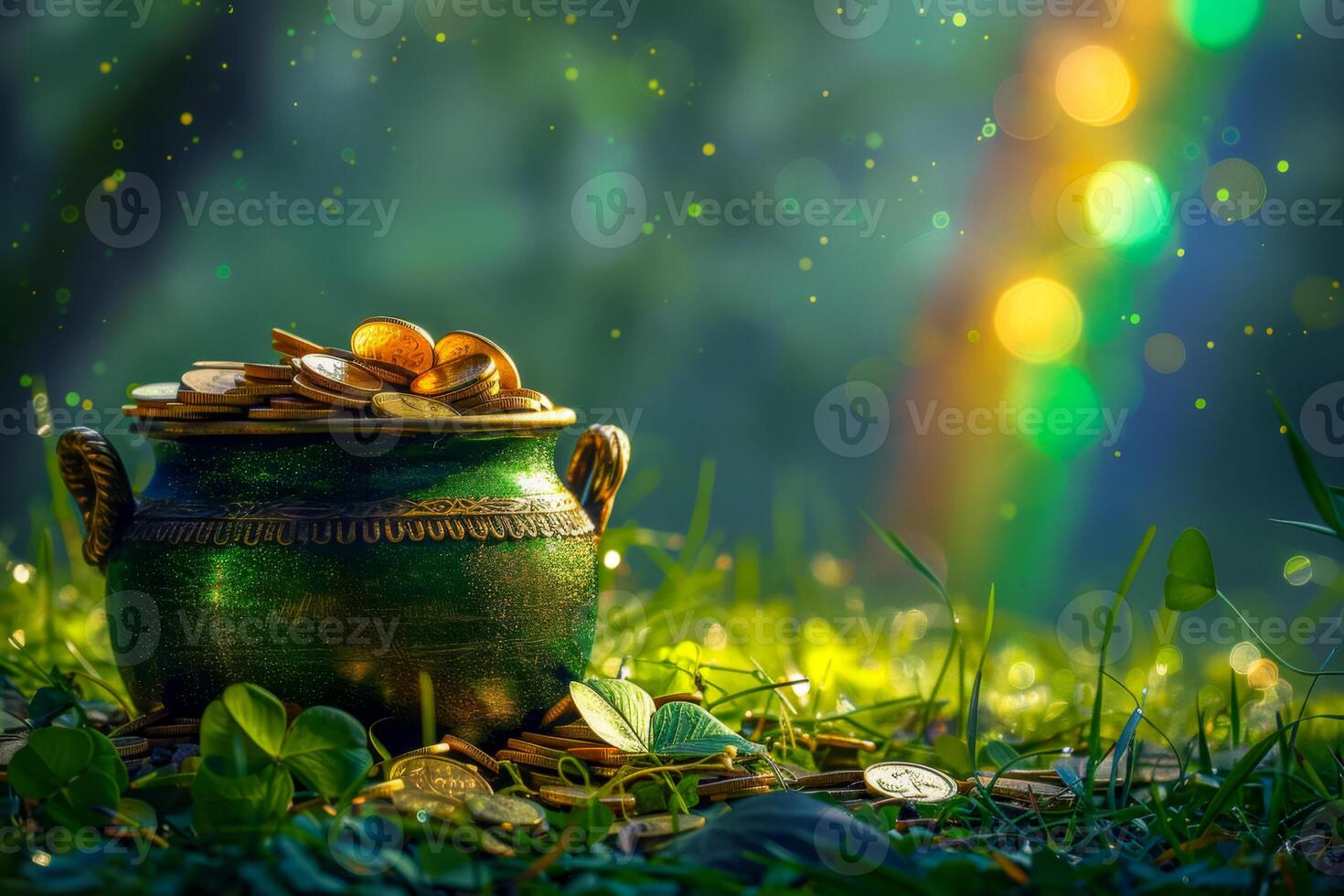 A shiny green pot filled with gold coins sits on a dark green surface, with a rainbow in the background. The pot is the center of attention, and the coins are scattered around it. Patrick's Day photo