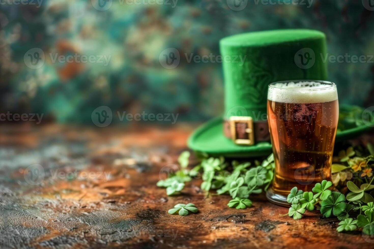 A green hat on a wooden table next to a glass of beer and clovers. The hat is a shamrock, a symbol of Ireland. The beer is poured into a glass, and the table is made of wood. Patrick's Day holiday photo