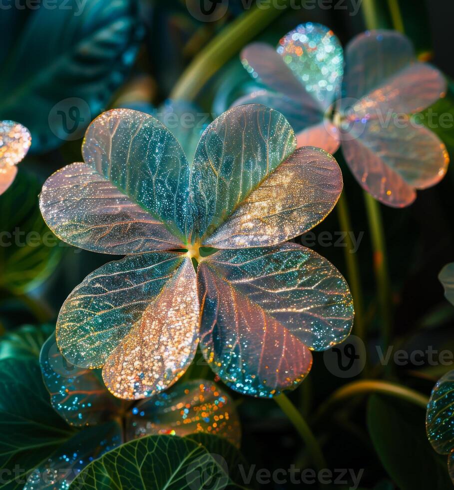 A close up of a leafy green clover plant with a sprinkling of glitter on it. The glitter adds a touch of sparkle and magic to the image, making it look like a fairy tale or a dreamy, whimsical scene photo