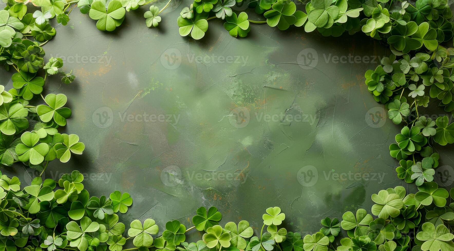 A green leafy border surrounds a green background with four green clovers in the center. The border is made up of various green leaves, creating a lush and vibrant atmosphere photo