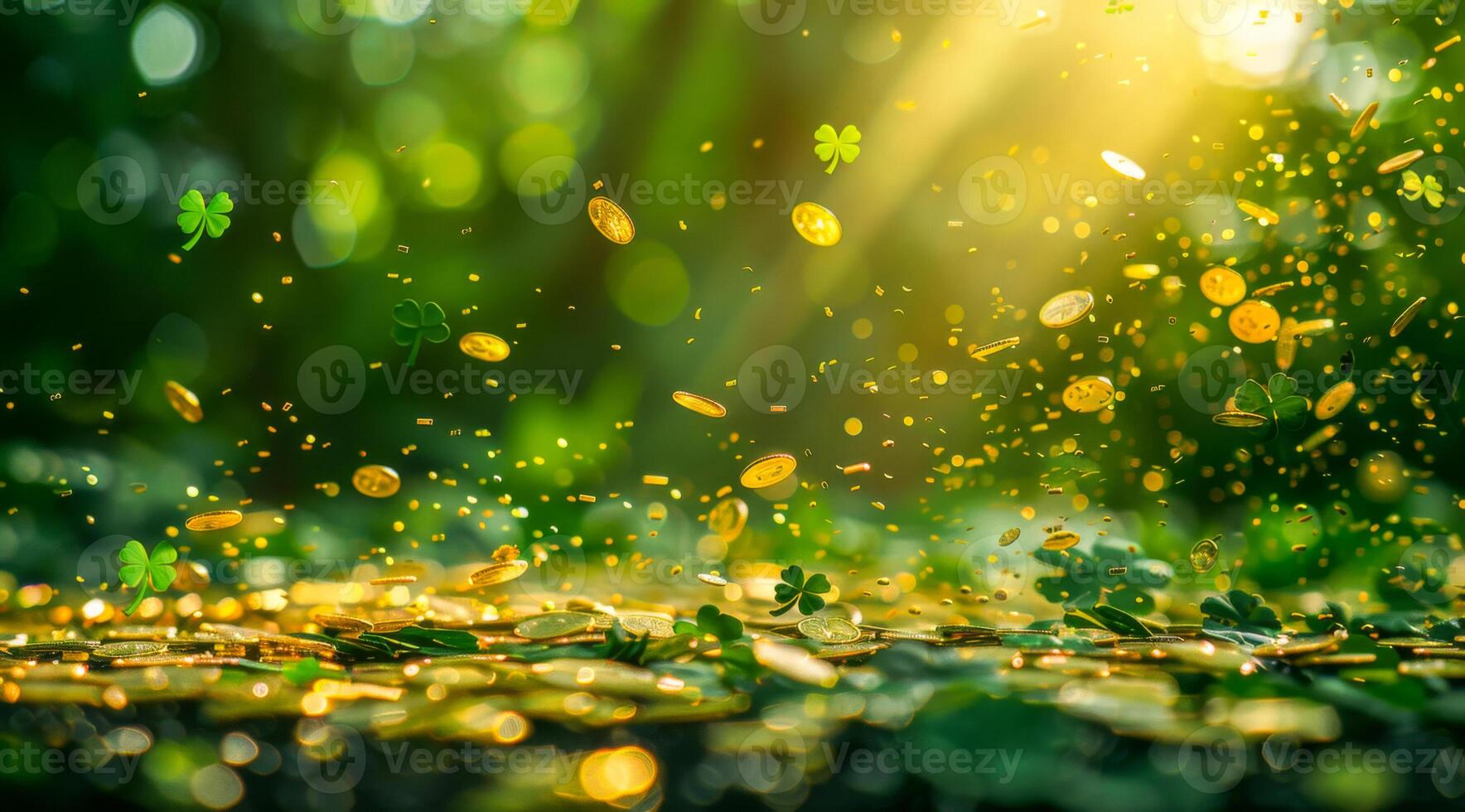 A bunch of gold coins are falling from the sky, a sense of excitement and abundance. The green background adds a touch of freshness and vitality to the scene photo