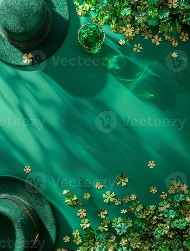 A green background with two green hats and a glass of green liquid. The hats are placed on the left side of the image and the glass is on the right side. The background is filled with green flowers photo