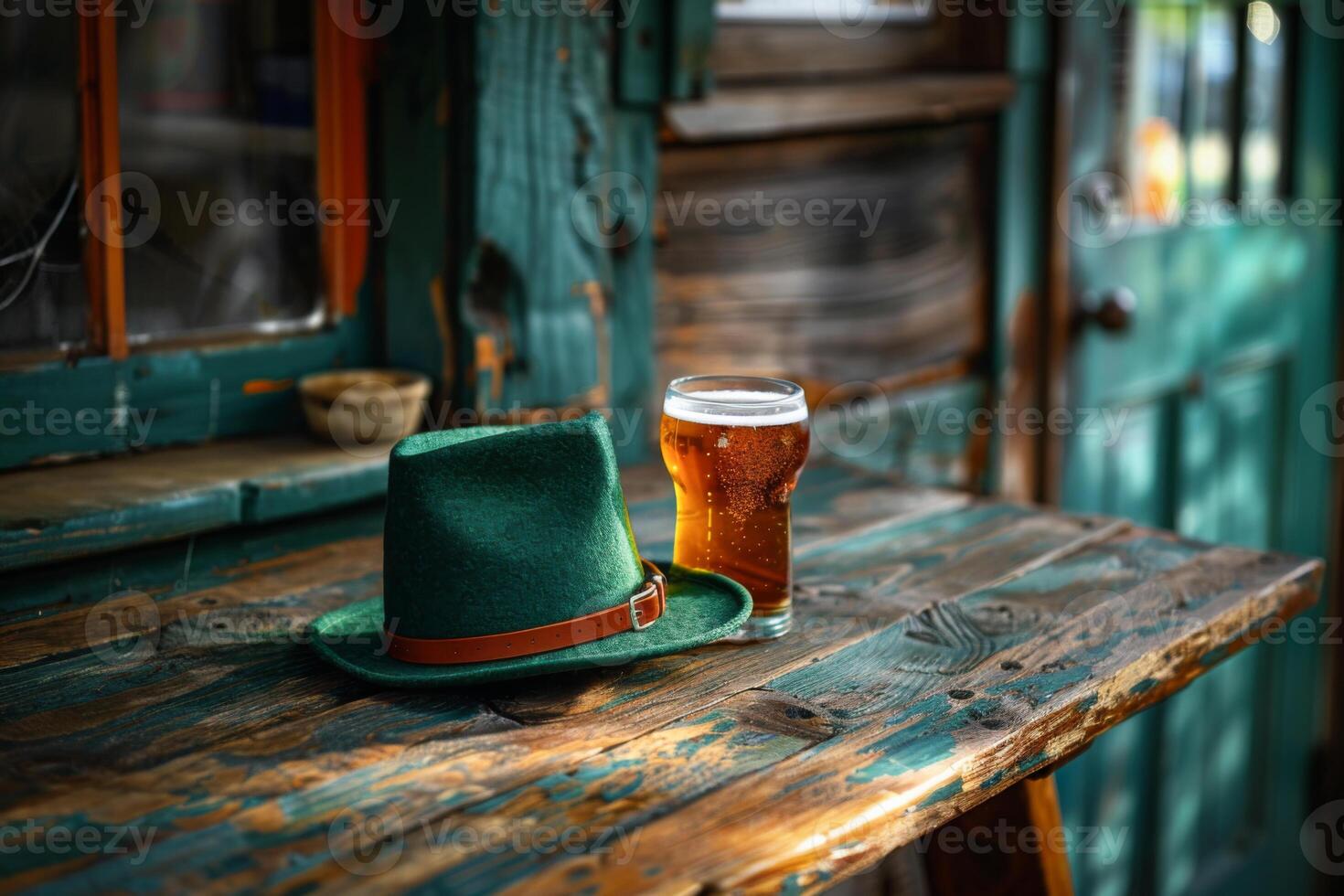 A green hat sits on a wooden ctable next to a glass of beer. The hat is a shamrock, a symbol of Ireland. The beer is poured into a glass, and the village table is made of wood. Patrick's Day holiday photo