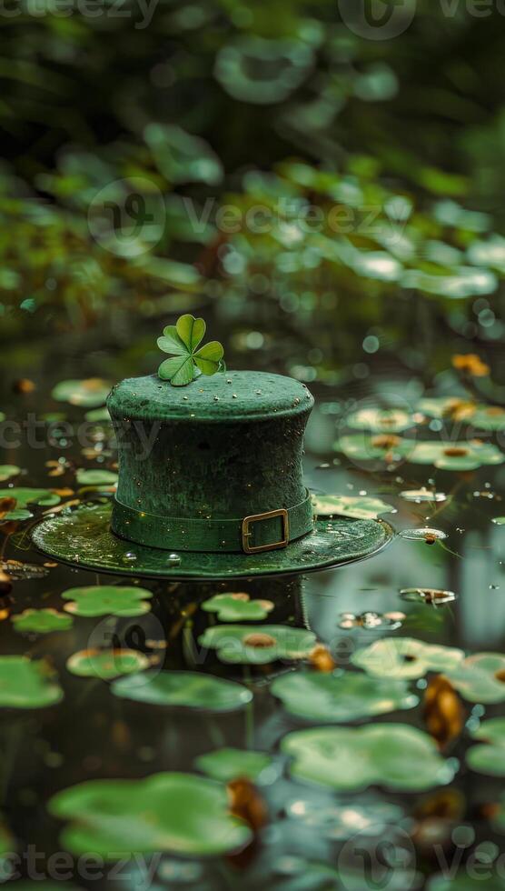 A green hat with a shamrock in the lake. The hat is surrounded by green leaves and the pond is filled with water. The scene has a peaceful and serene mood, as if the hat. Patrick's Day photo