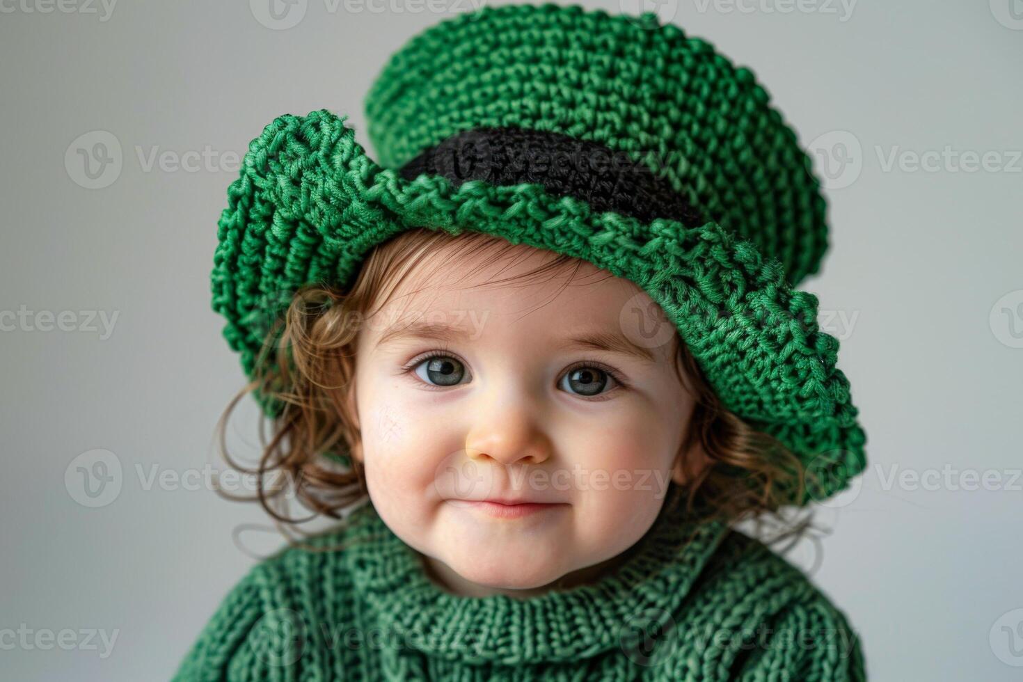 A young child wearing a green hat and a green sweater. The child is smiling and looking at the camera. Patrick's Day concept photo. Little person is in Irish costume photo
