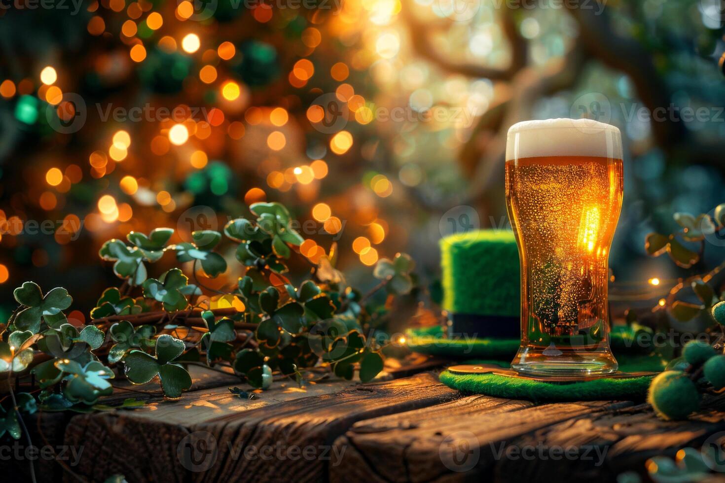 A green hat sits on a wooden table next to a glass of beer. The hat is a shamrock, a symbol of Ireland. The beer is poured into a glass, and the table is made of wood. Patrick's Day holiday photo