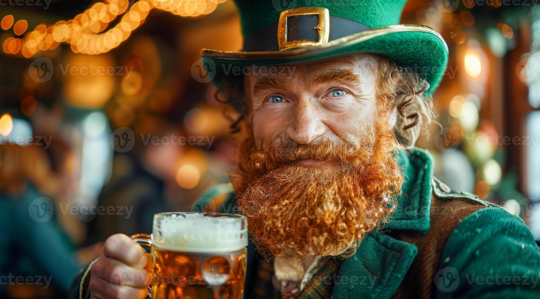 A man with a green hat and beard is holding a beer. The image has a festive and celebratory mood, as the man is dressed in a traditional Irish outfit and is holding a drink photo