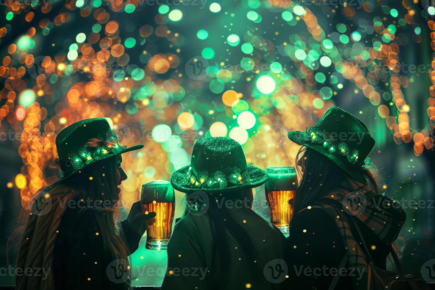 Three women wearing green hats and drinking beer. The image has a festive and celebratory mood. The women are enjoying time together, and the green hats add to the festive atmosphere. Patrick's Day photo