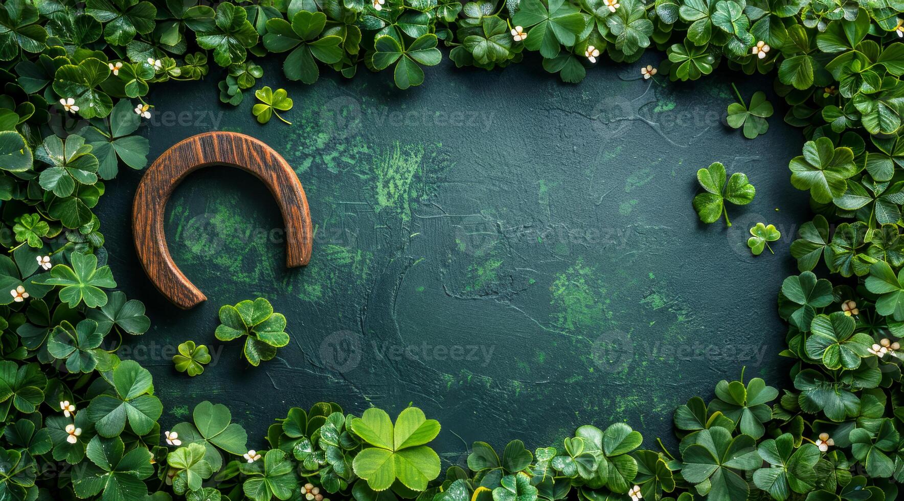 A green background with a clover leaf and a horseshoe. The clover leaf is surrounded by other clover leaves and the horseshoe is placed in the middle of the clover leaves. Patrick's day photo