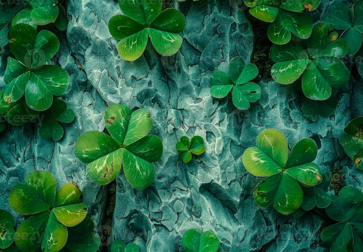 A close up of green clovers on a rock. The clovers are all different sizes and are scattered throughout the image photo