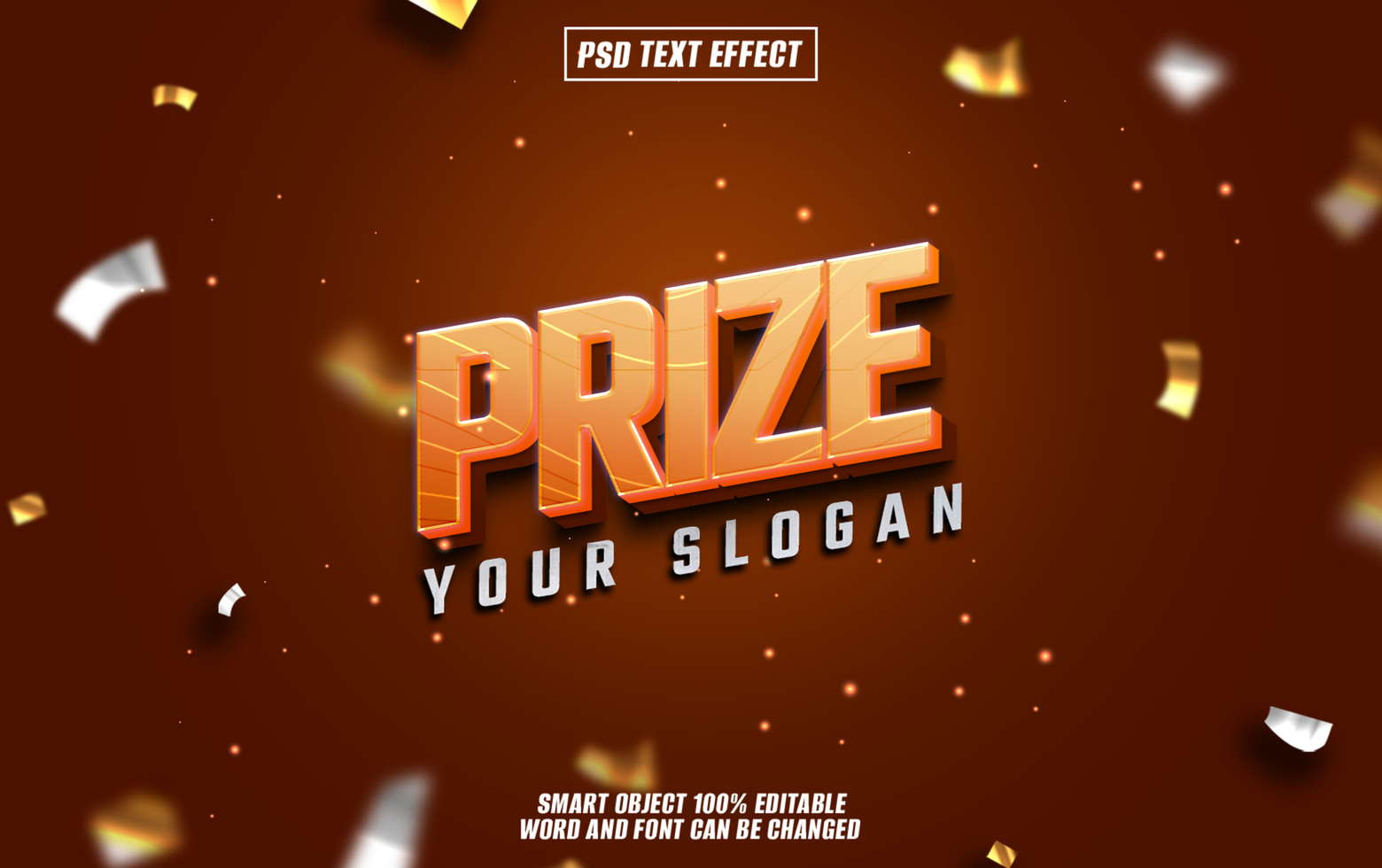 3D golden text effect Prize with confetti, editable slogan. psd