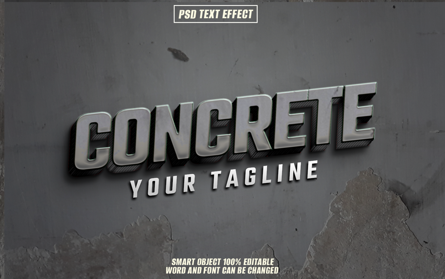 3D text effect CONCRETE on grunge wall background. psd
