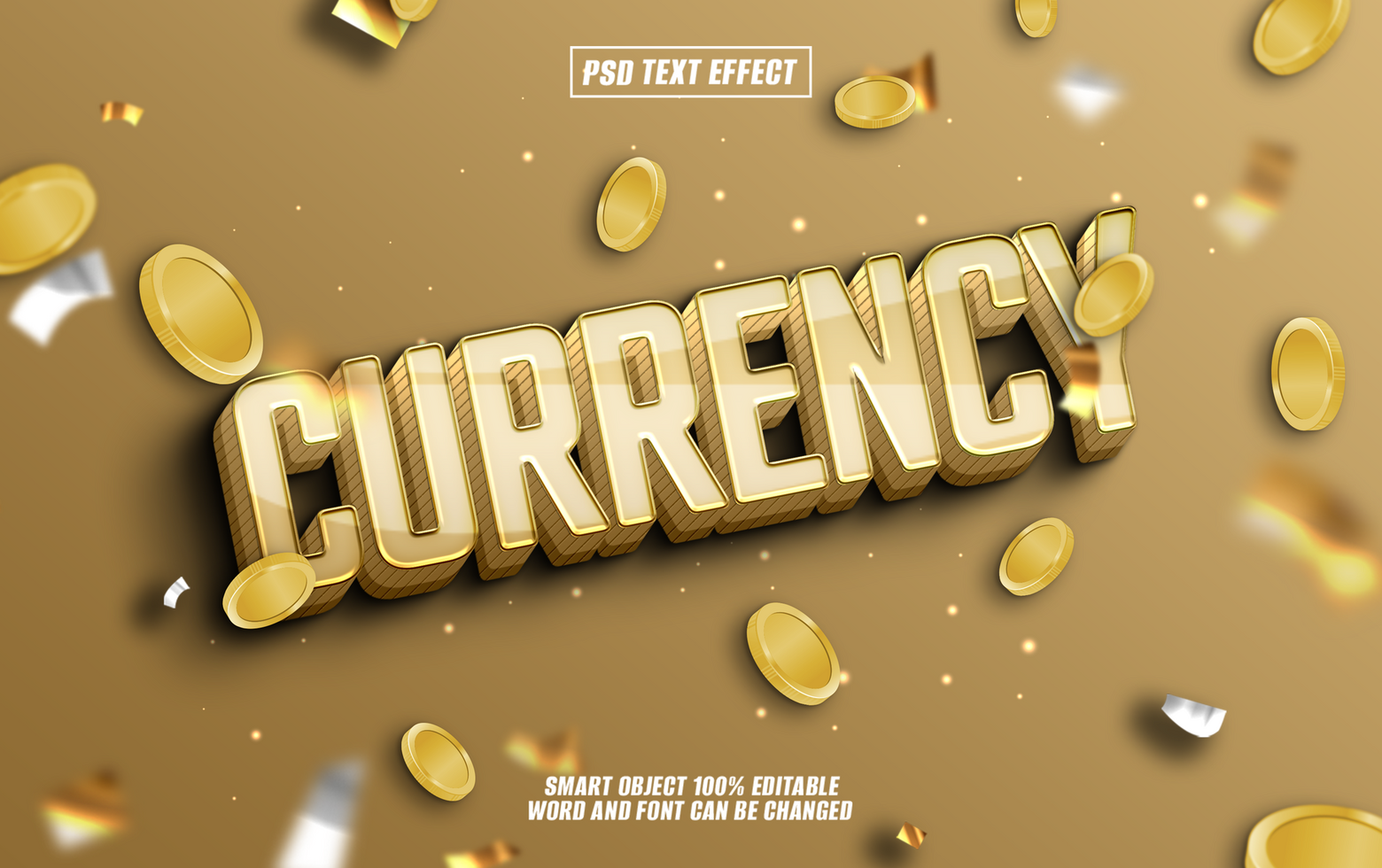 3D gold text effect CURRENCY with falling coins psd