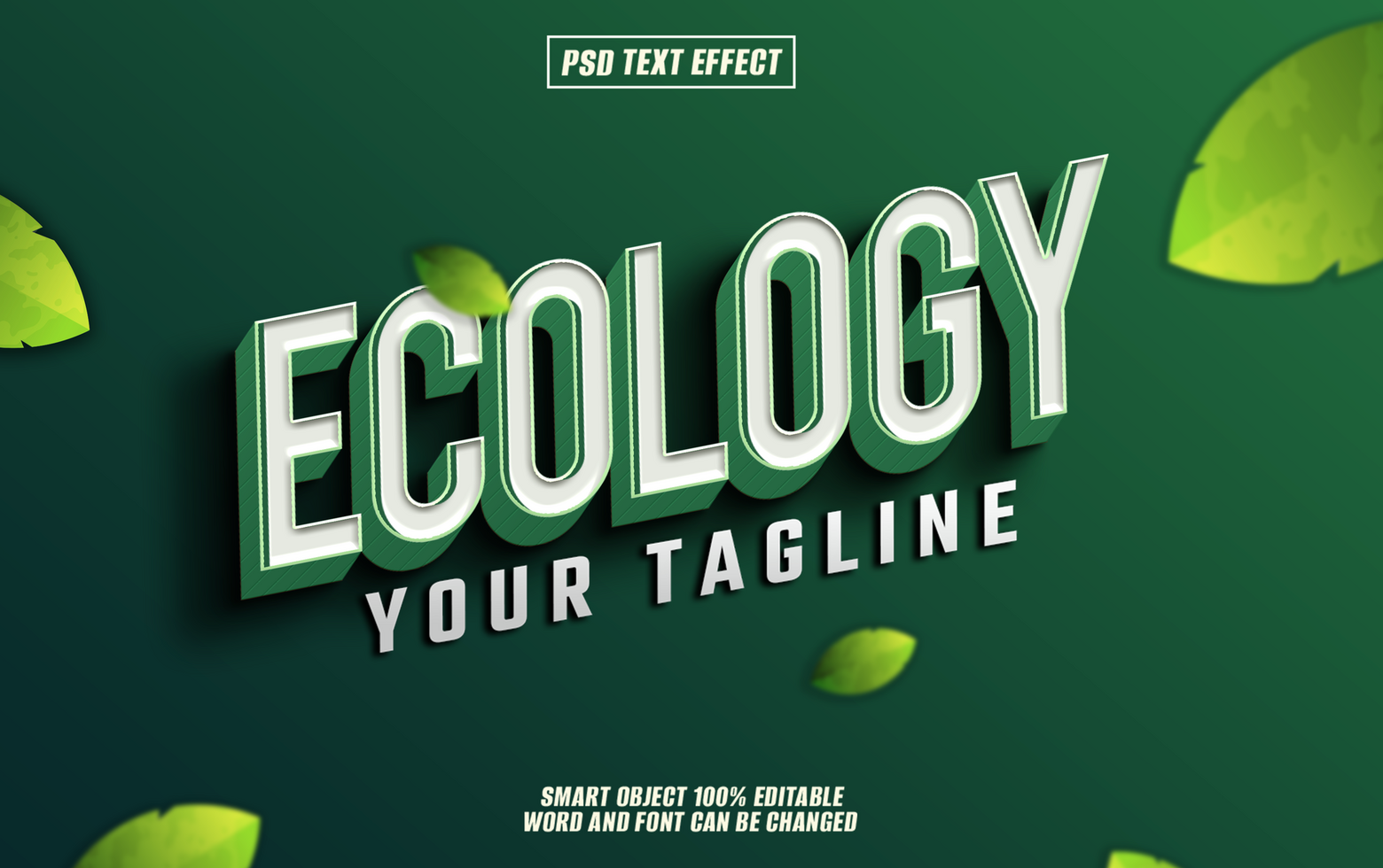 3D Ecology text effect with green leaves on dark green background. psd