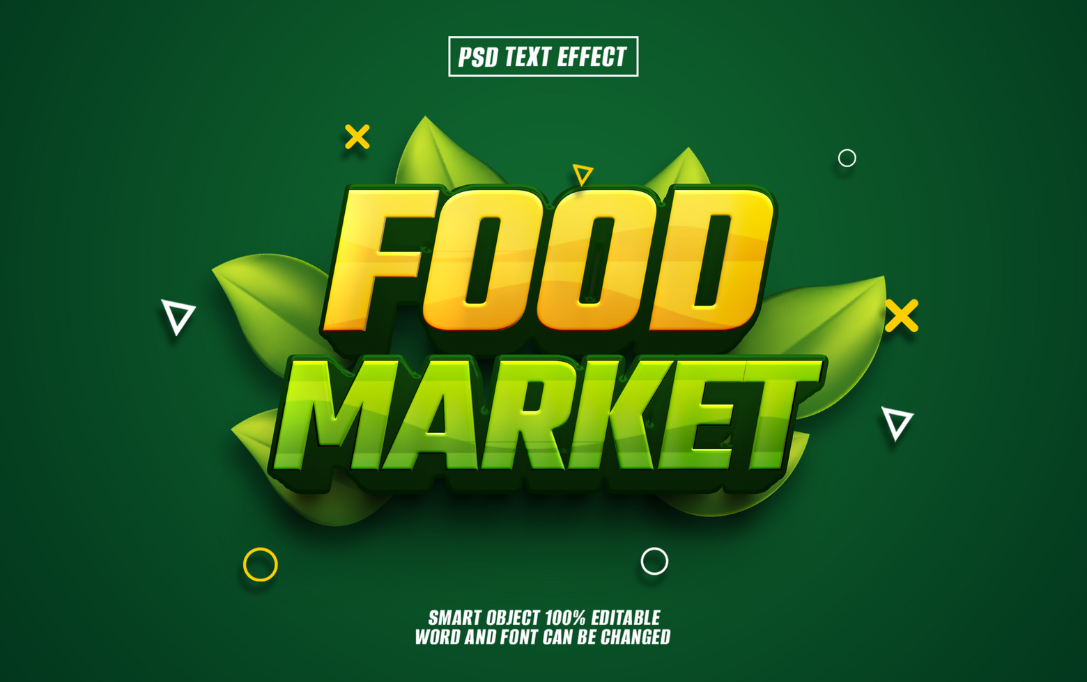 3D text effect Food Market with green leaves on dark green background. psd