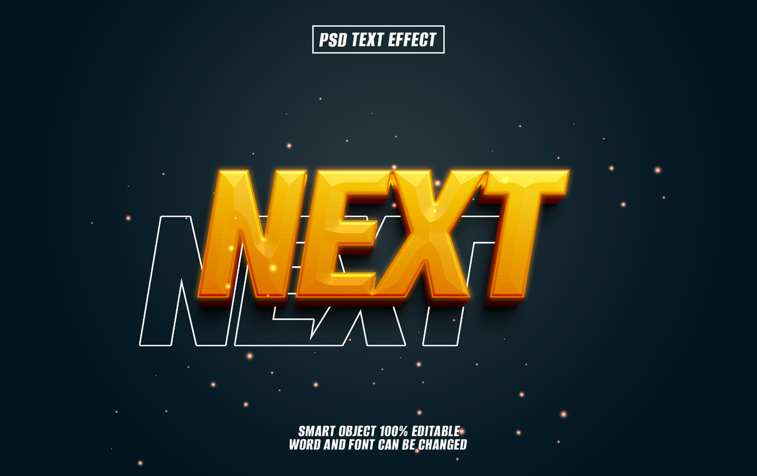 3D glossy yellow NEXT text effect on dark background. psd