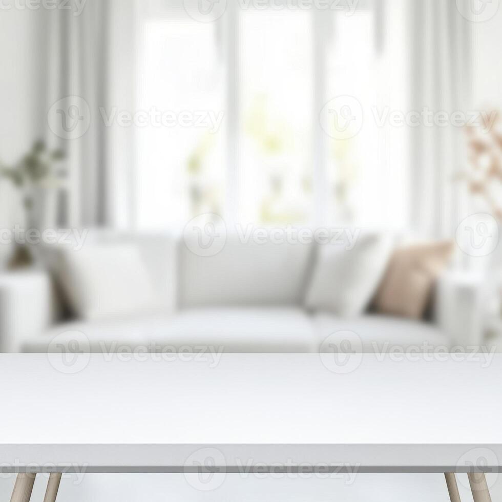 Empty white table in a bright, minimalist living room. photo