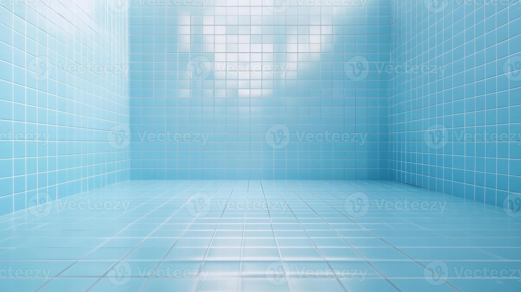 Empty room with light blue tiled walls and floor. Minimalist design. photo
