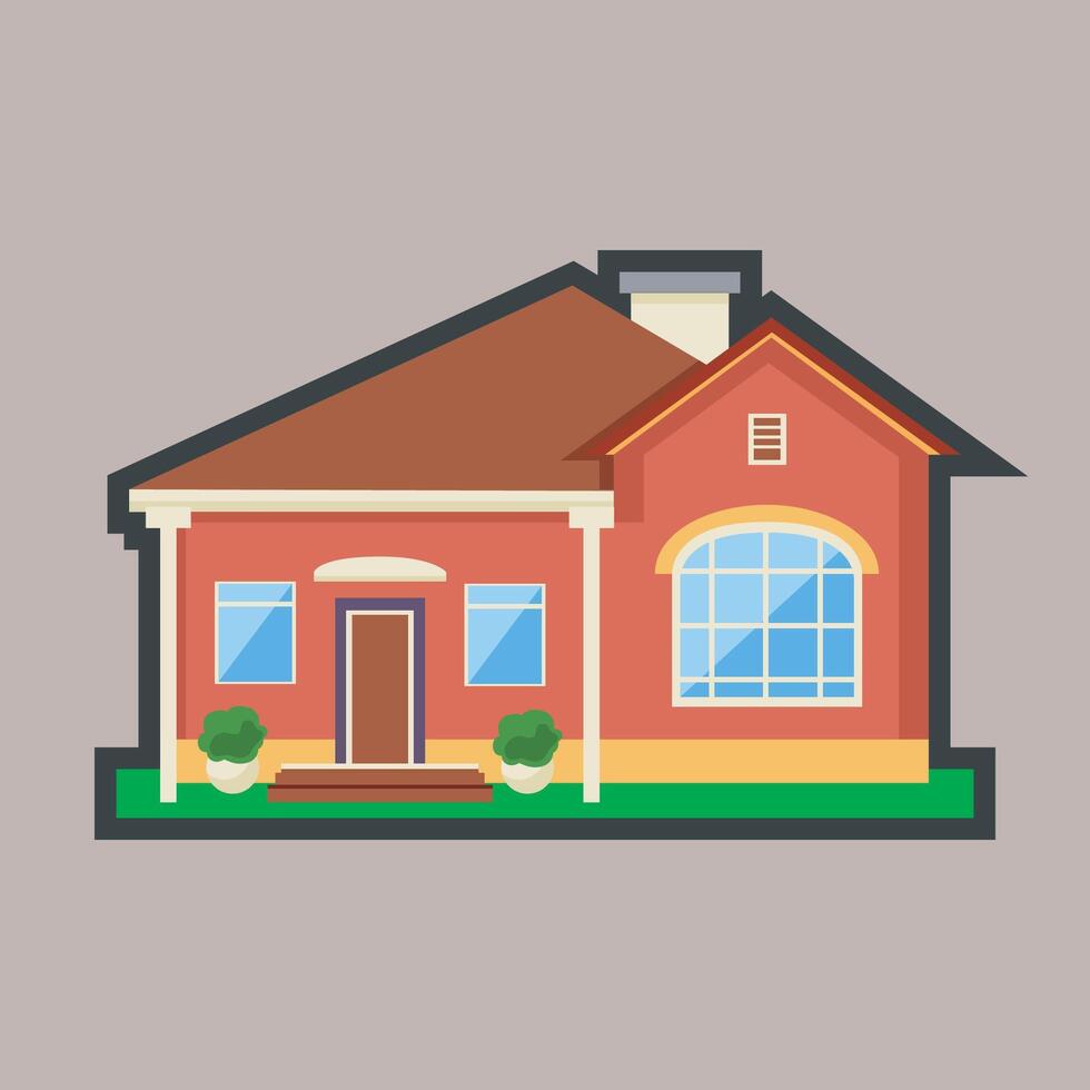 orange home building with outline flat design vector