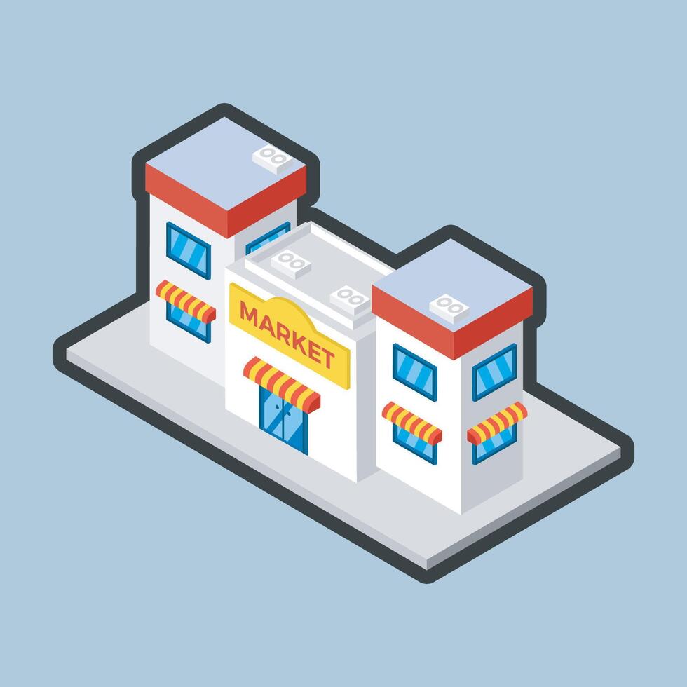 isometric market shop building with outline flat design. vector