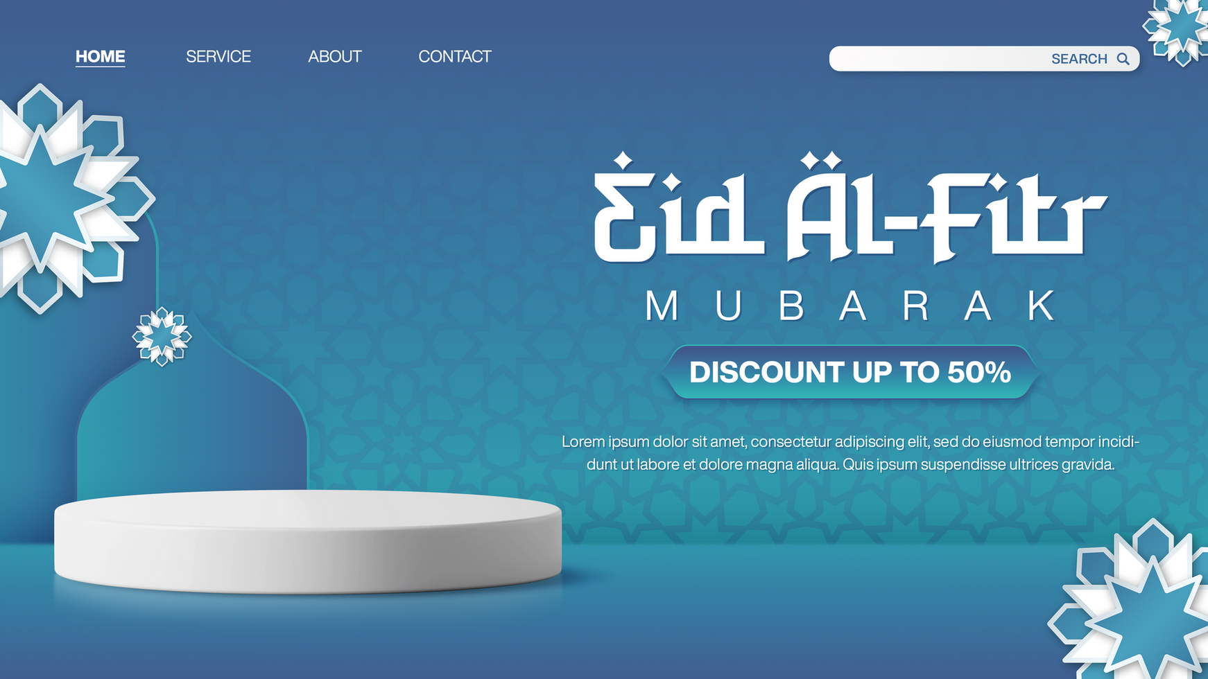 Eid Al Fitr Mubarak Template Sale Banner For Landing Page Design With Realistic Product Display psd