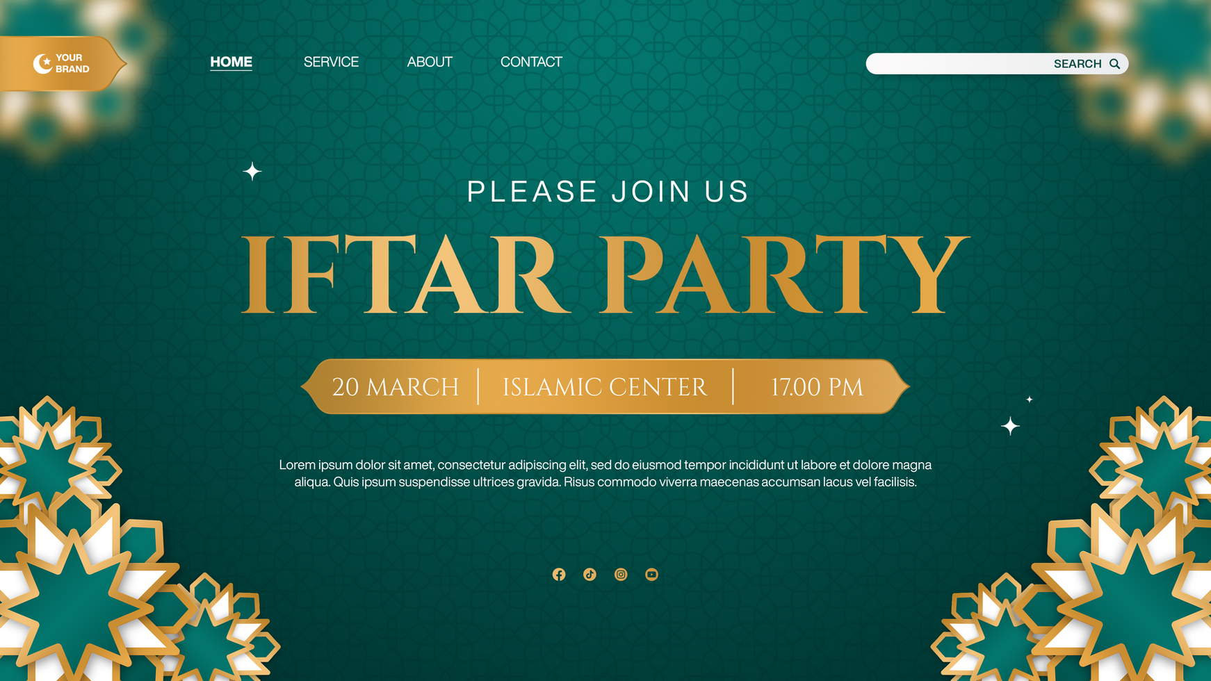 Flat iftar party invitation landing page template for islamic ramadan celebration psd
