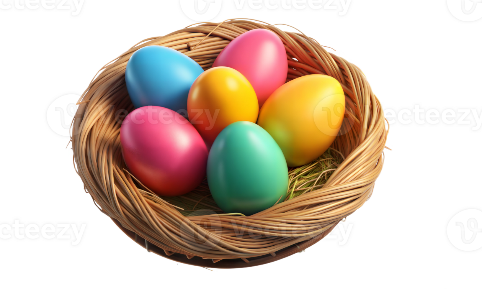 Colorful Easter eggs in a wicker basket on a transparent background png