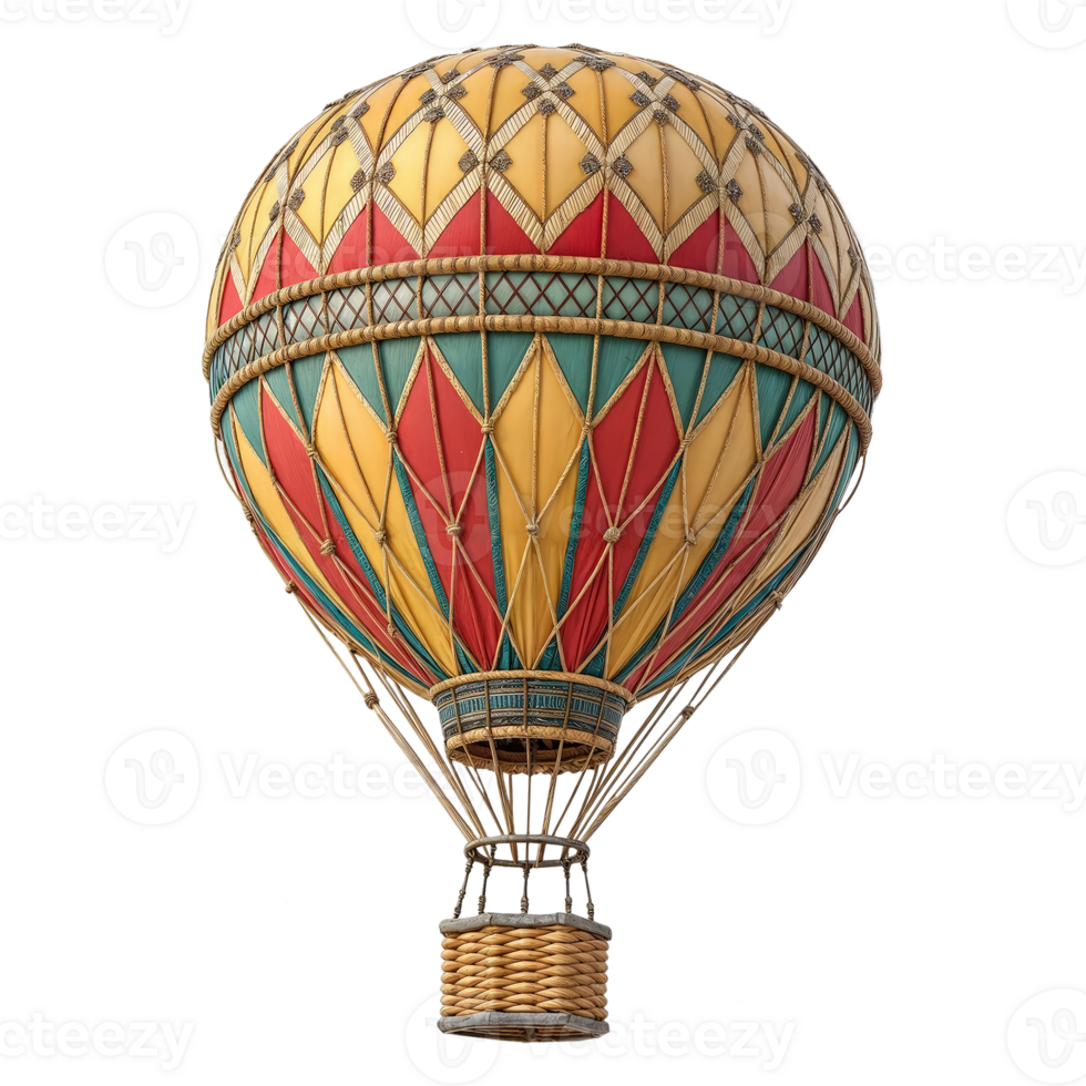 A beautifully colorful hot air balloon featuring a basket on a transparent background png