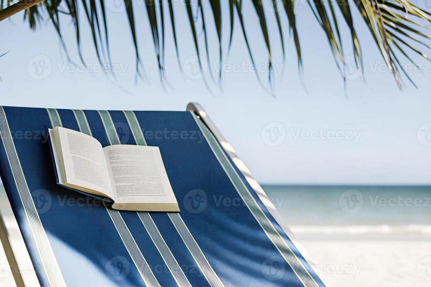 A beach chair under a palm tree with an open book on the armrest photo