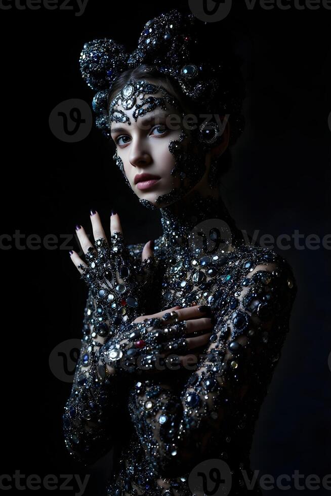 abstract artist, made of jewelry and jewels, instax, playful performance art, atmospheric installations, black color palette photo