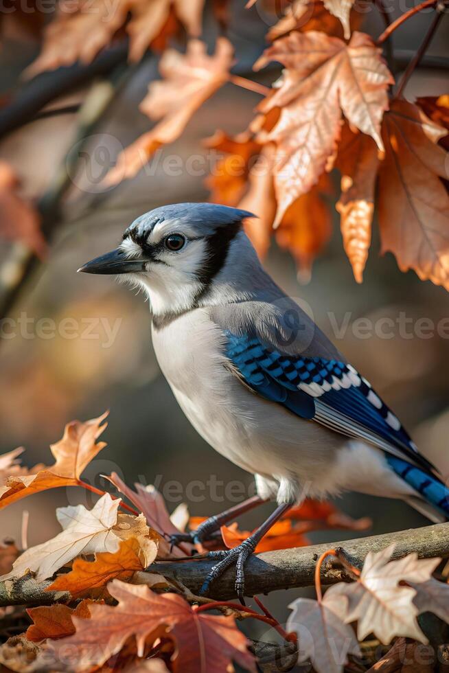 A blue jay bird with a distinctive blue and white plumage, perched on a branch surrounded by autumn leaves in shades of orange and brown photo