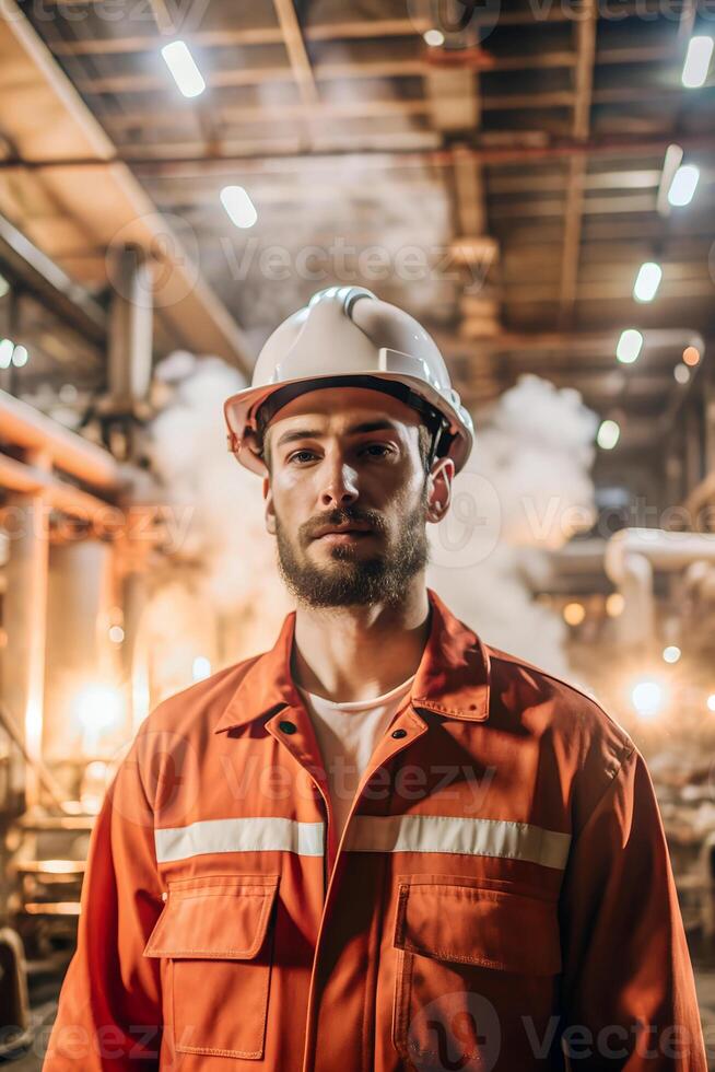 Male, Caucasian, with a beard and short hair, wearing an orange safety jacket with white stripes and a white hard hat photo