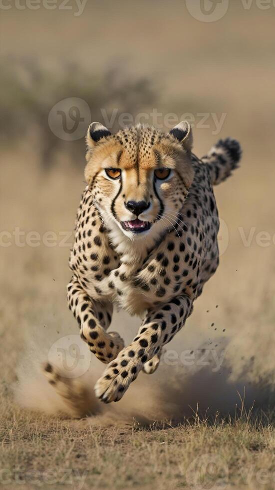 Cheetah running at high speed, showcasing its distinctive spotted fur and intense expression, with a blurred background photo
