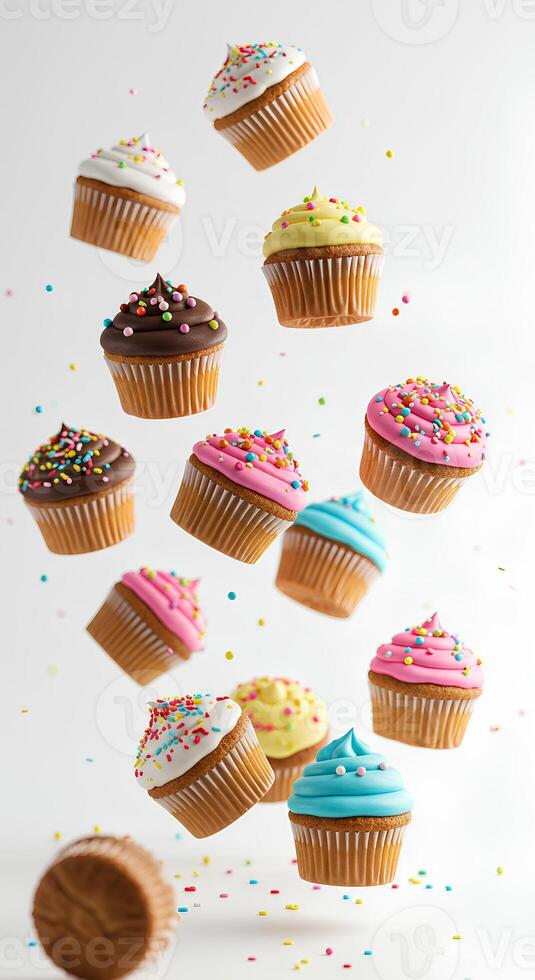 Falling cupcakes on white background High-quality image of cupcakes cascading down on a white background ideal for creative food campaigns baking tutorials or whimsical designs photo