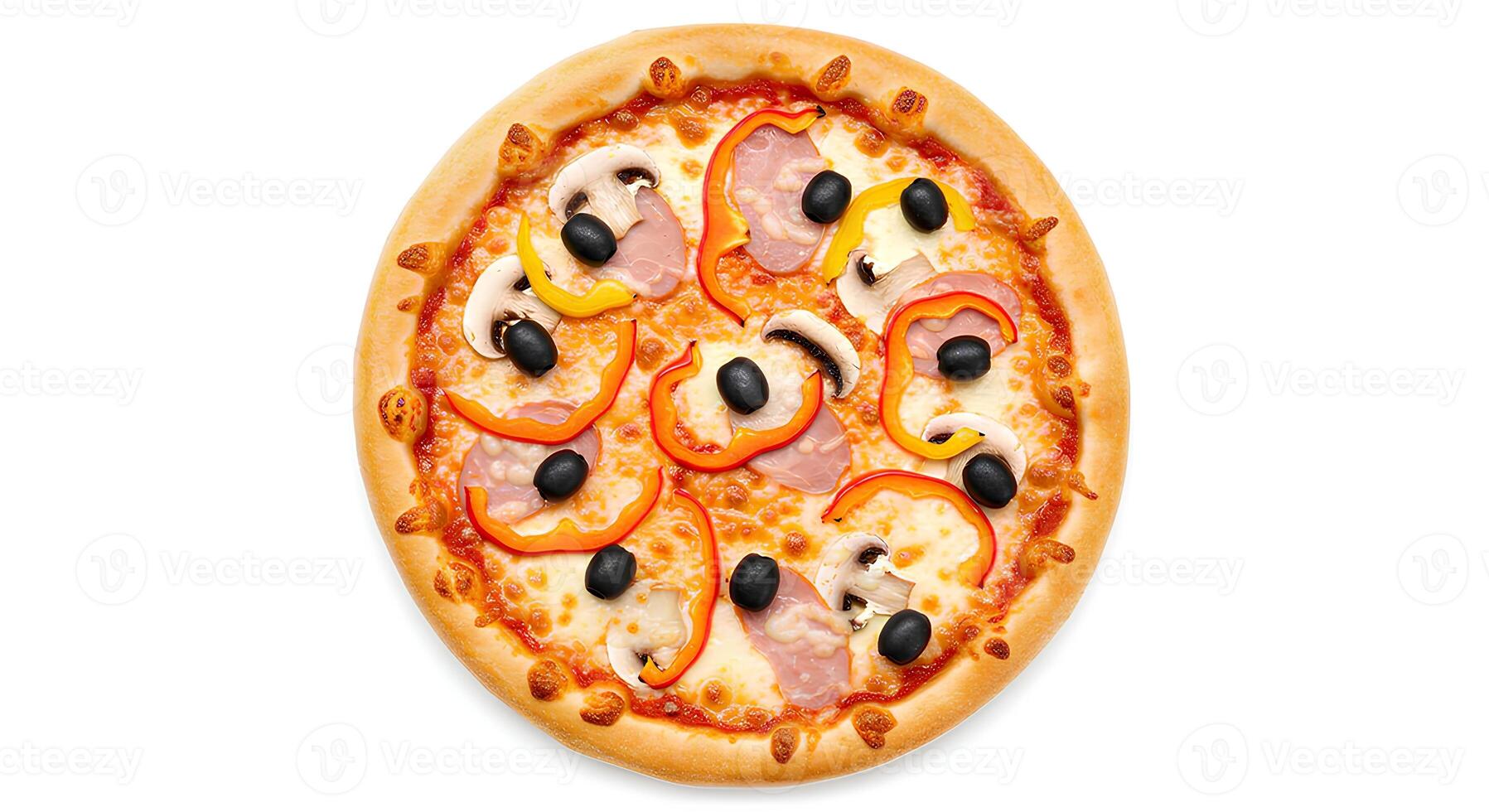 pizza top view flat lay isolated white background shadow colorful mix ingredients toppings pepperoni mushrooms olives Italian cuisine project food trends graphic design elements social media photo