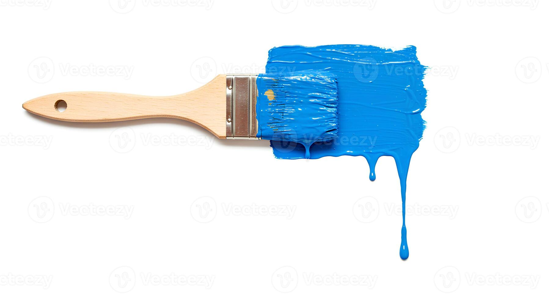 Blue paint-coated brush top view isolated on white background Realistic top-view image of a paintbrush covered in blue paint on a white background ideal for artistic visuals or wall painting advertise photo