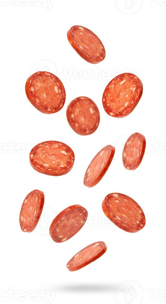 pepperoni slices falling down white background flying red meat food pizza topping culinary clipart food graphics social media posts graphic elements digital resources content creation photo