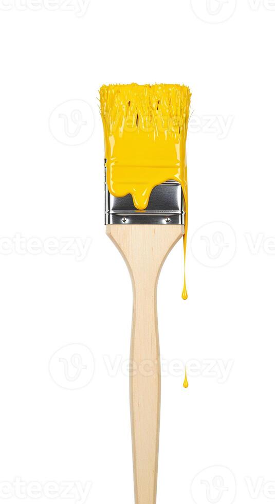 Yellow paint-coated brush isolated on white background Realistic image of a paintbrush covered in yellow paint on a white background ideal for artistic visuals or wall painting advertisements photo