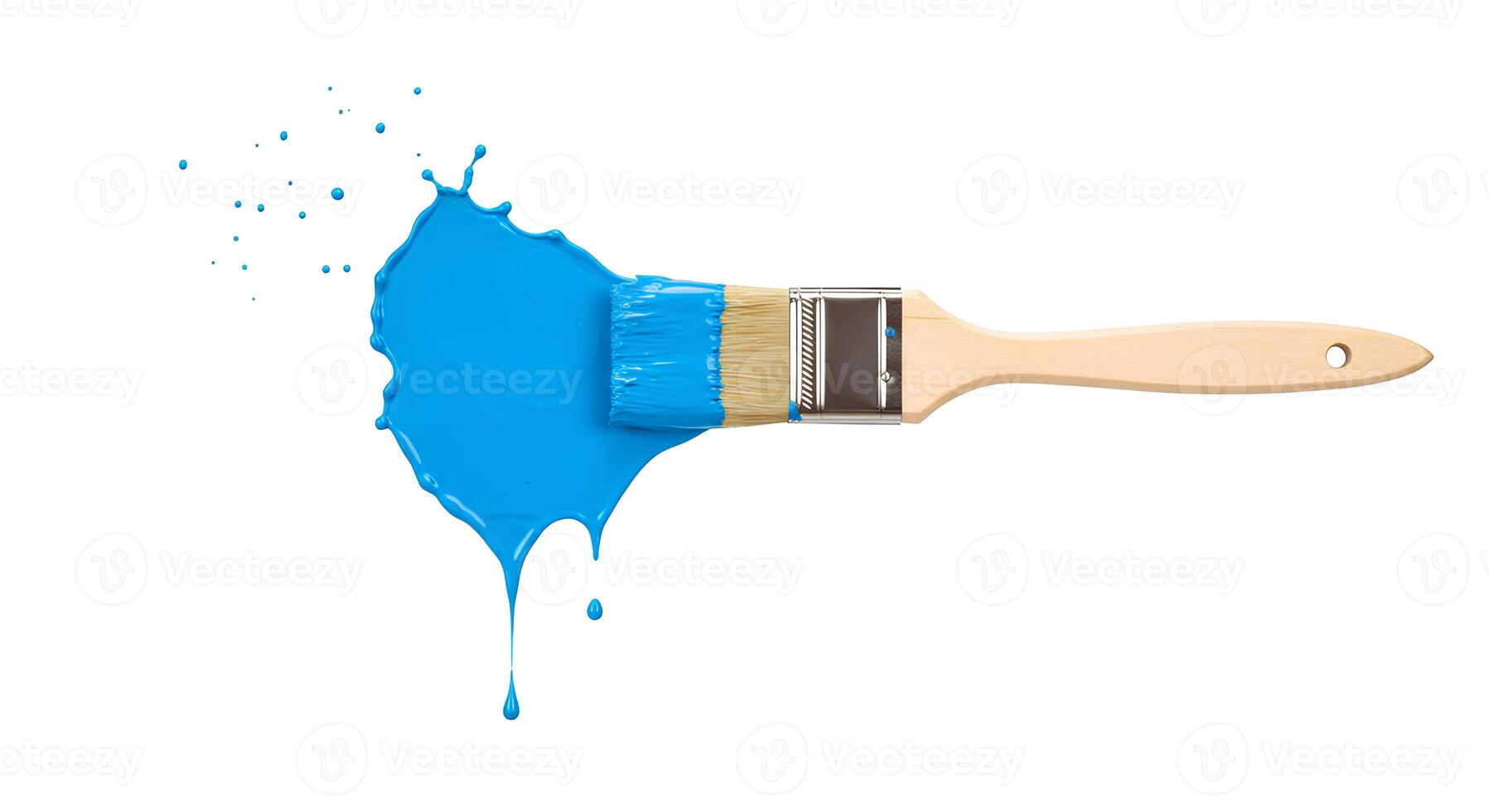 Paintbrush with dripping blue paint splatter isolated on white background top view Crisp top-view image of a paintbrush dripping vibrant blue paint splatters on a clean white background photo