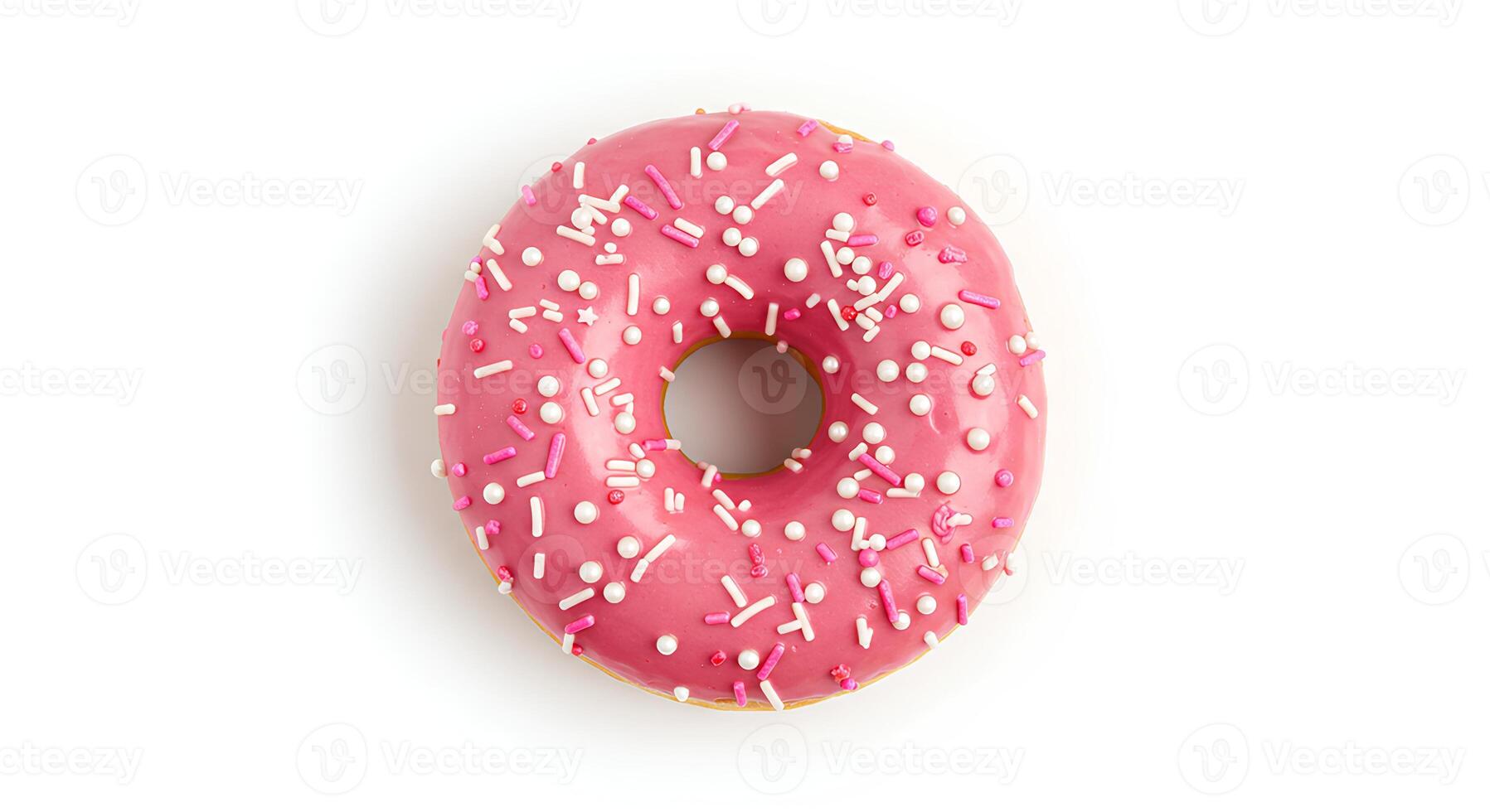 strawberry donut dessert top view pink frosting sprinkles isolated white background shadow tasty delicious food trends bakery designs graphic elements social media templates website themes cooking photo