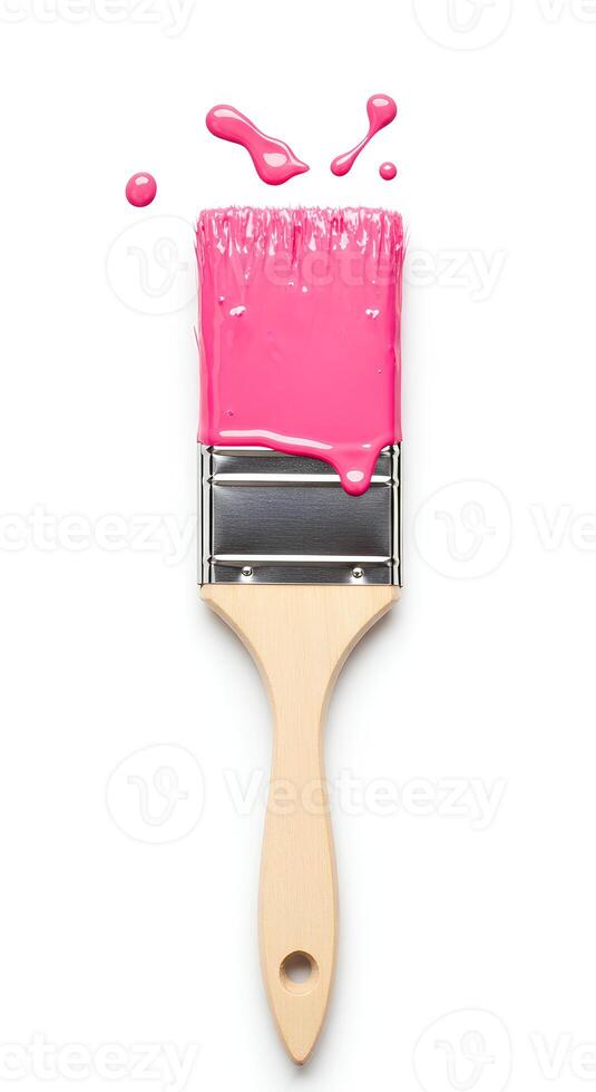 Paintbrush and pink paint splatter isolated on white background Dynamic image of a paintbrush with bold pink paint splatters on a white background great for art-related branding photo