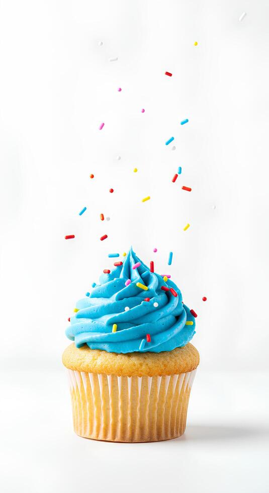 Cupcakes falling down isolated on white background Crisp image of colorful cupcakes tumbling mid-air against a clean white background perfect for bakery ads dessert blogs or playful food presentations photo