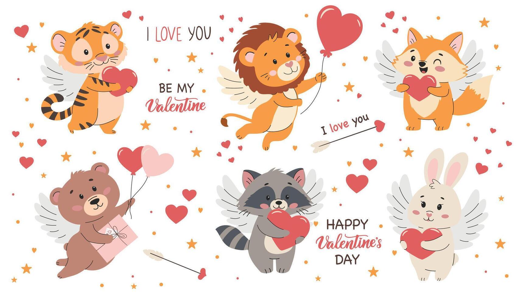 Cute illustration in children's style for Valentine's Day. Cute cartoon animals set. Valentines day card. vector