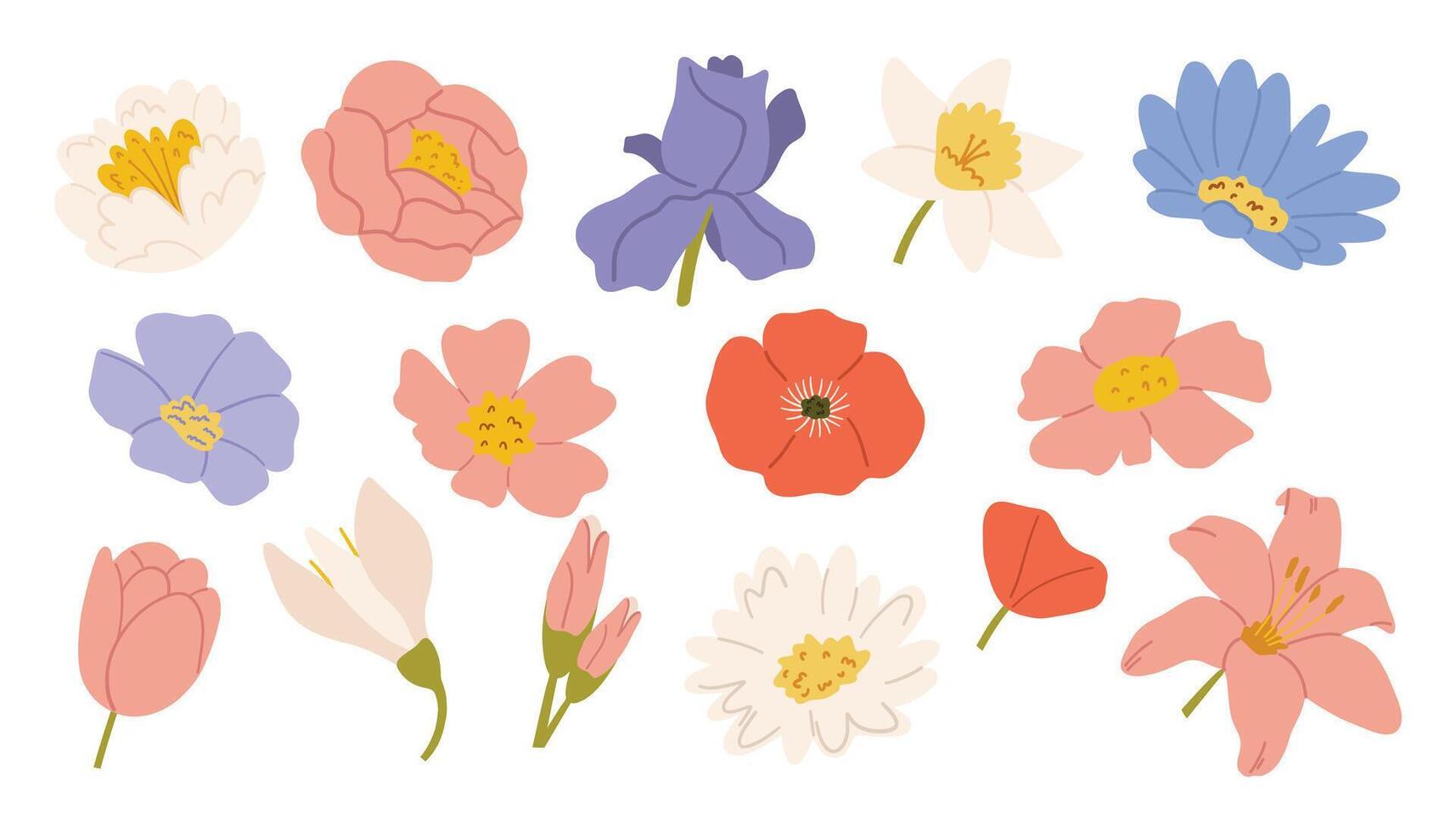 Set of hand drawn spring flowers. illustration in flat style. vector