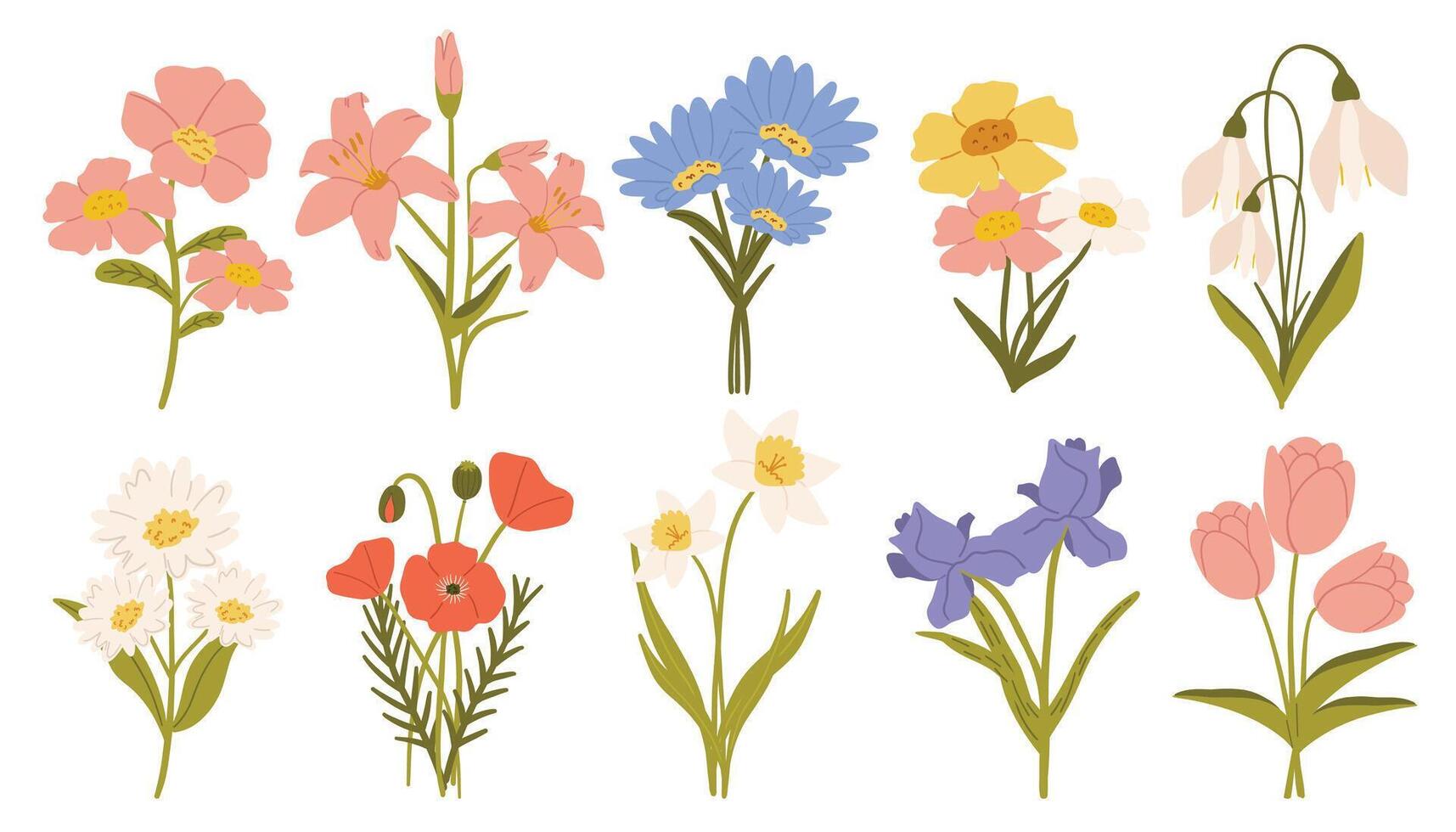 Set of spring flowers isolated on white background. illustration in flat style. vector