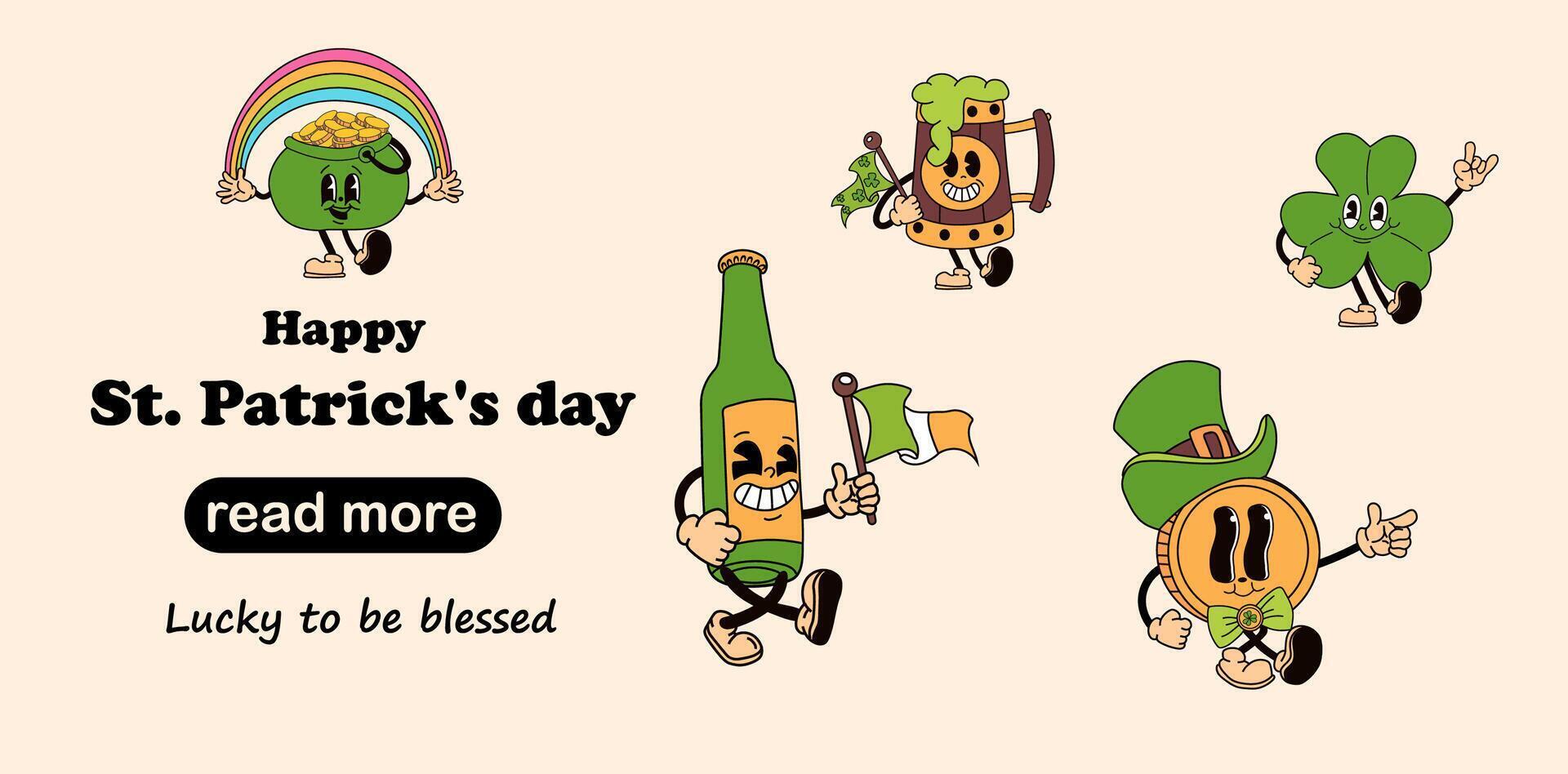 Web page design template. A set of cartoon characters designed as St. Patrick's Day mascots vector