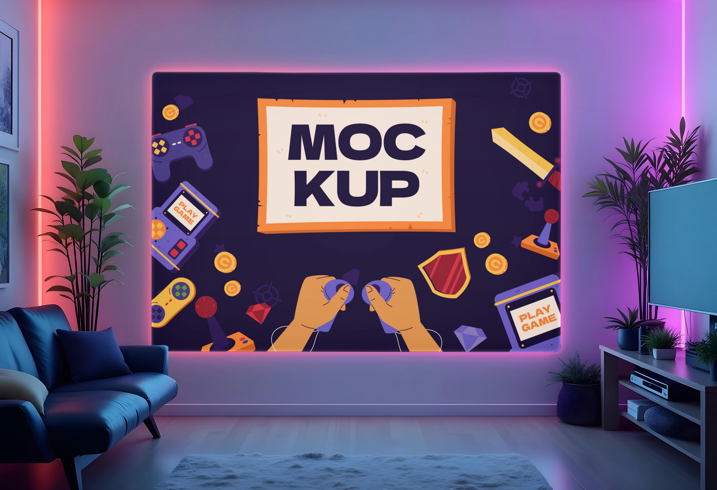 A retro gaming mockup displayed on a wall in a vibrant neon lit room psd