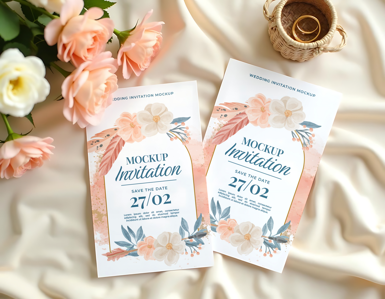 Elegant wedding invitation mockups adorned with peach blossoms and set against a creamy backdrop psd