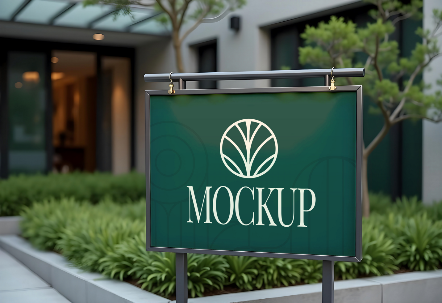 A dark green sign with a logo and the word MOCKUP displayed outside a modern building psd