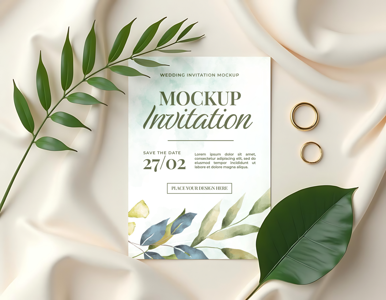 A wedding invitation mockup with greenery and rings on a silk fabric psd